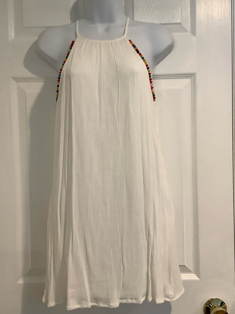 THE VANITY ROOM White/Rainbow PomPom Gauzy Coastal Beachy Summer Mini Dress M